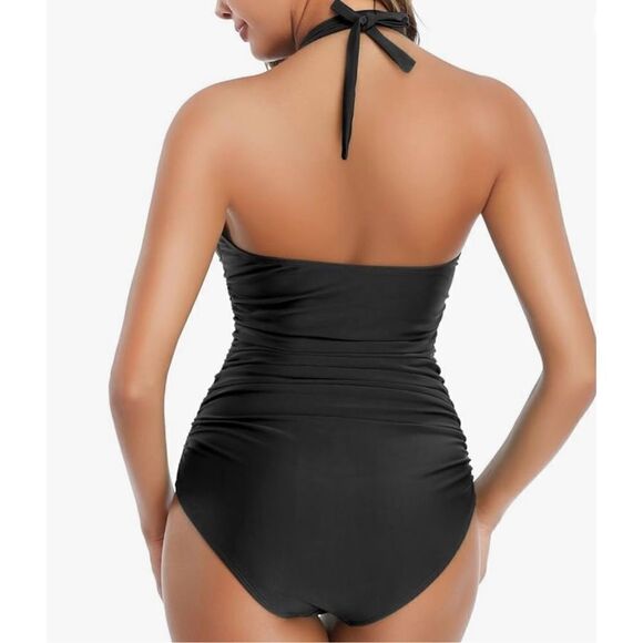 NWT Womens Smismivo High Neck Halter Ruched Tummy Control Black Swimsuit Sz XXL - Picture 2 of 4